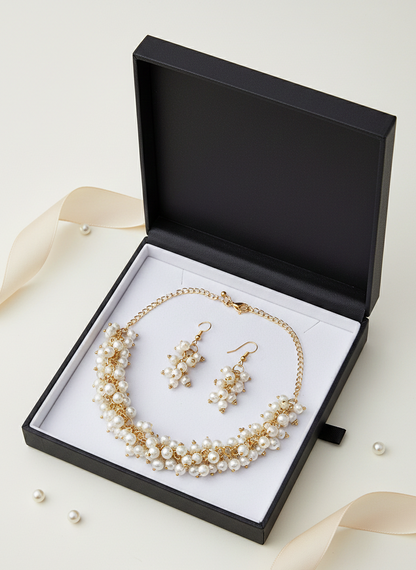 White Beaded Layered Gold Chain Necklace Set