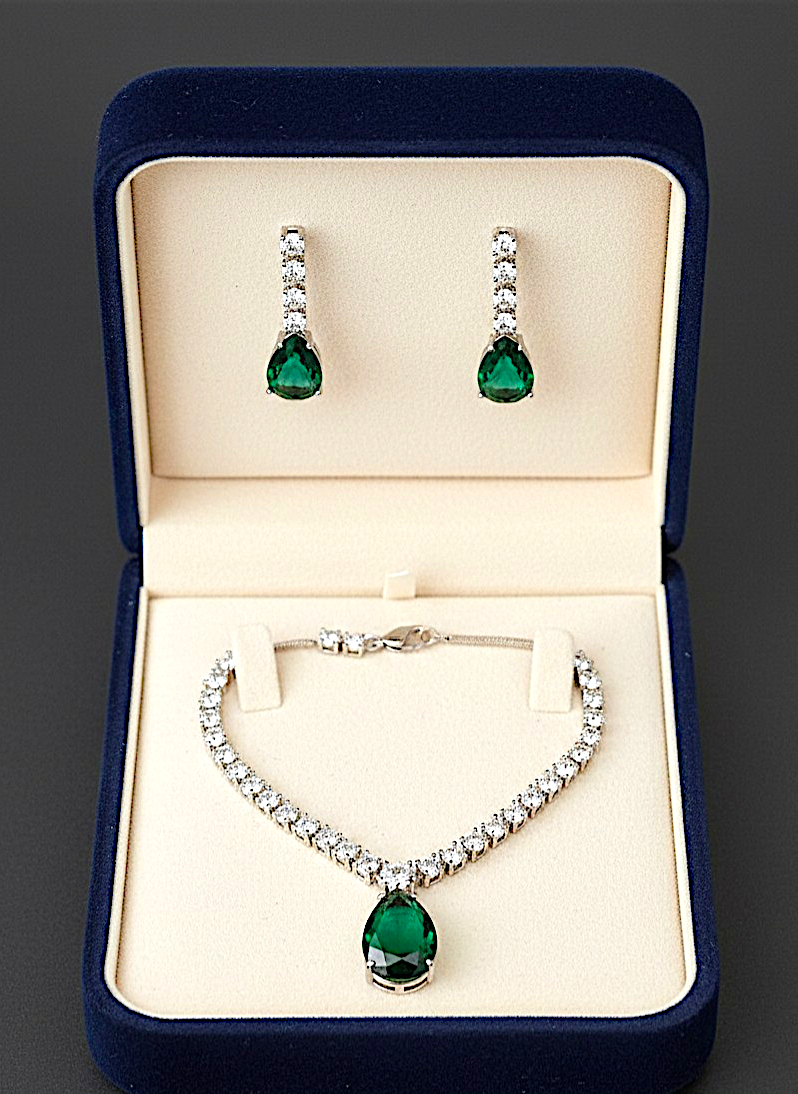 American Diamond Silver-Plated Emerald Royale Drops Necklace Set