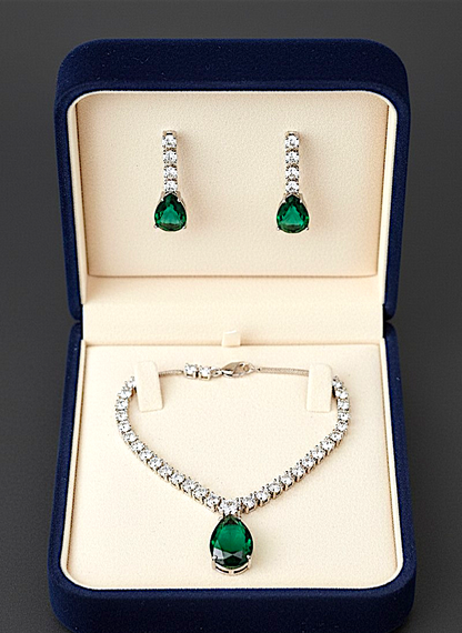 American Diamond Silver-Plated Emerald Royale Drops Necklace Set