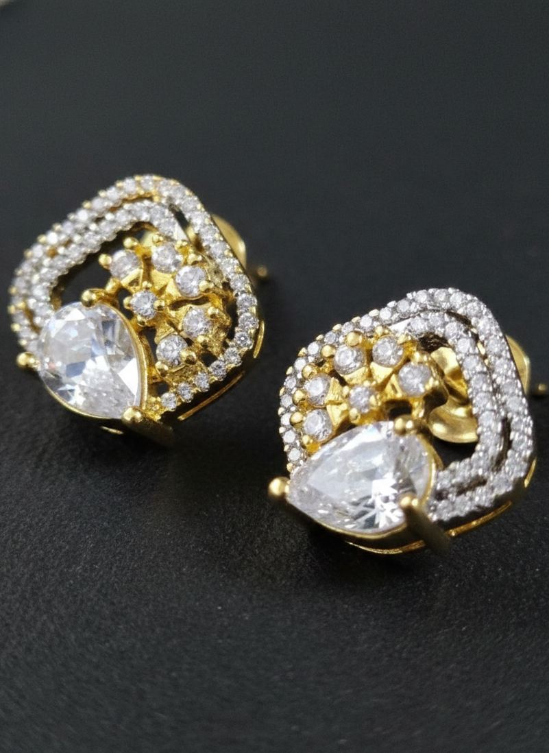 AD Earrings Gold Plated Teardrop Studded Square Design