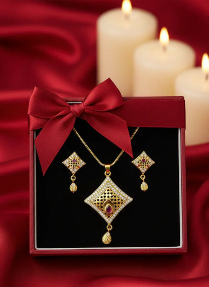 Gold Plated Pendant Set Ruby Drop Square Coruscate Jewels