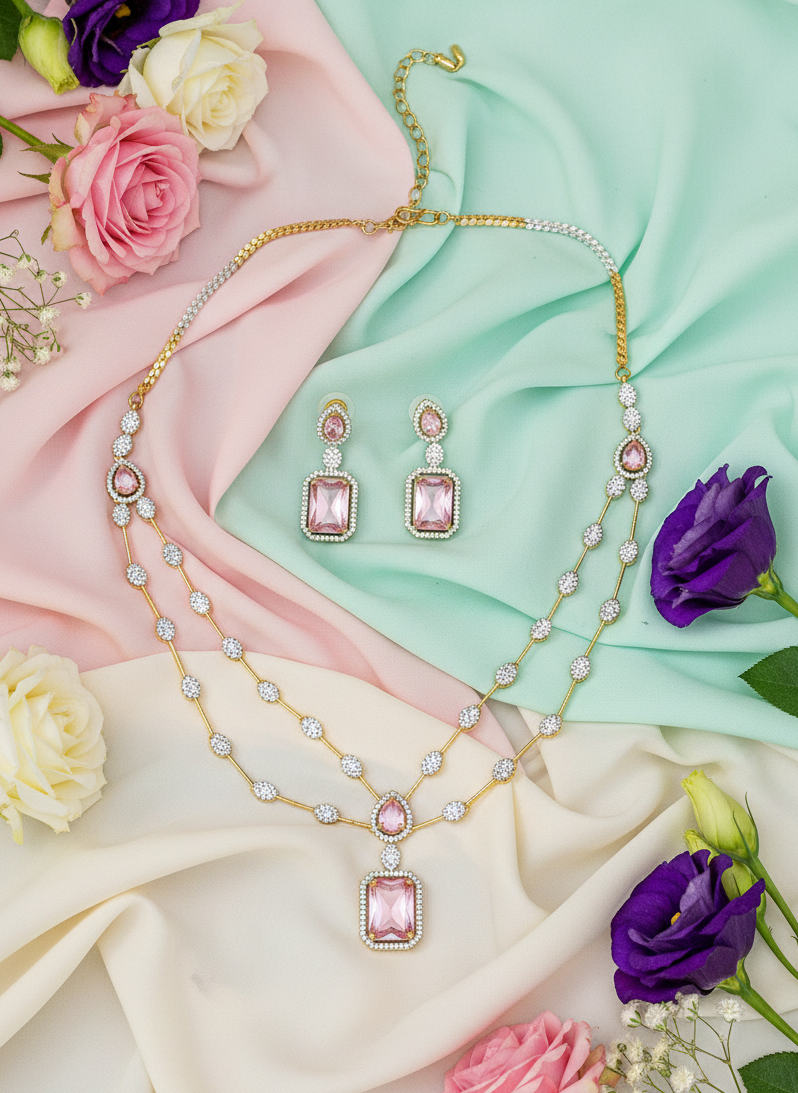 Gold Plated American Diamond Baby Pink Necklace Set Prism Aura