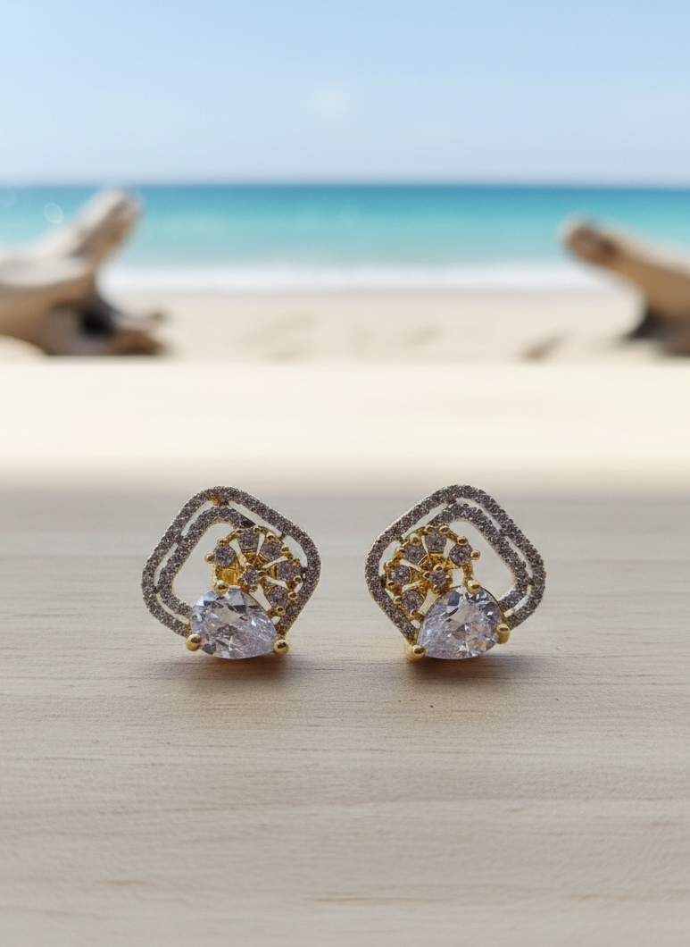 AD Earrings Gold Plated Teardrop Studded Square Design