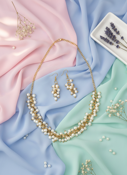 White Beaded Layered Gold Chain Necklace Set