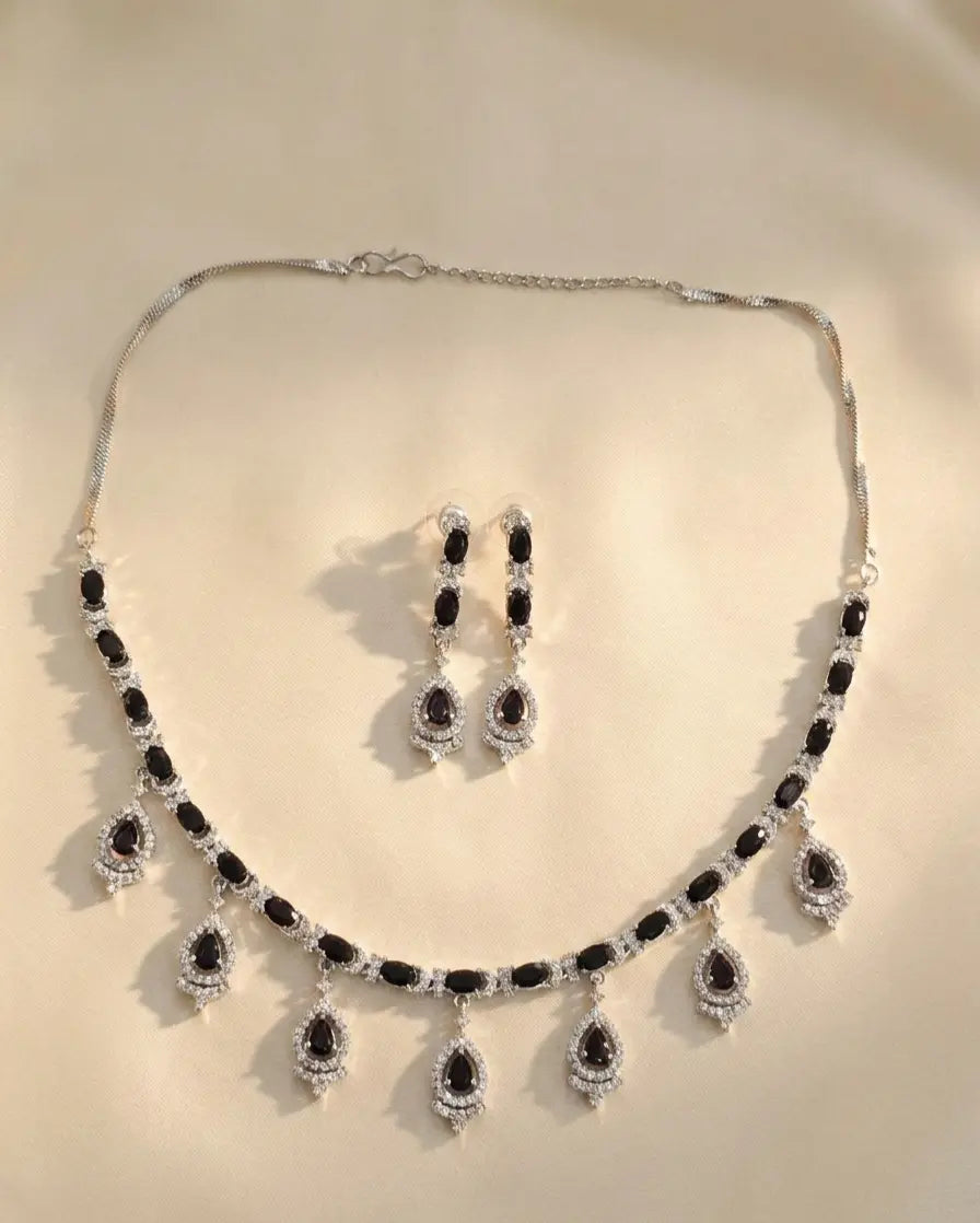 American Diamond Silver Plated Black Swan Teardrop Necklace Set Coruscate Jewels