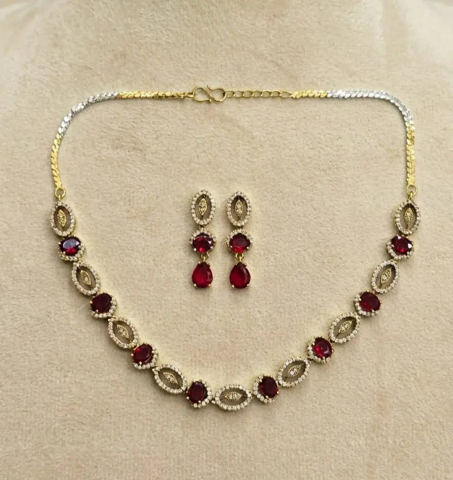 Gold-Plated American Diamond Maroon Royale Necklace Set Coruscate Jewels