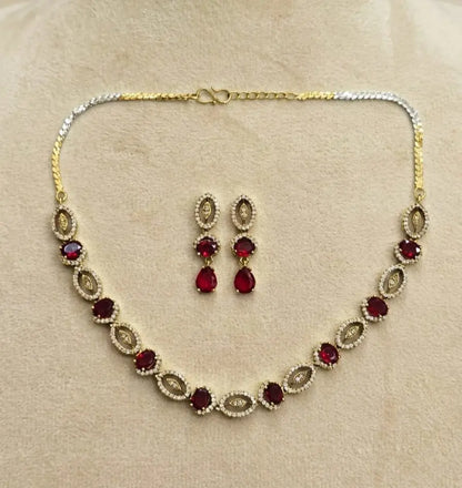 Gold-Plated American Diamond Maroon Royale Necklace Set Coruscate Jewels