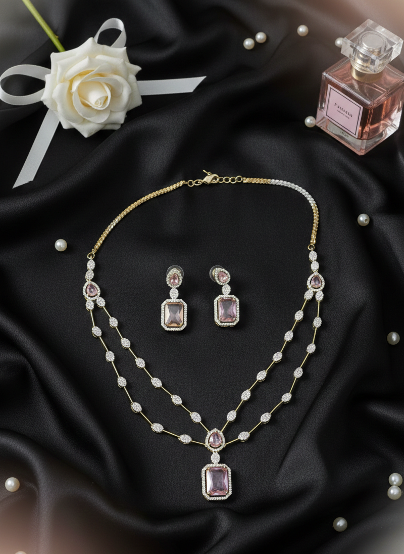 Gold Plated American Diamond Baby Pink Necklace Set Prism Aura