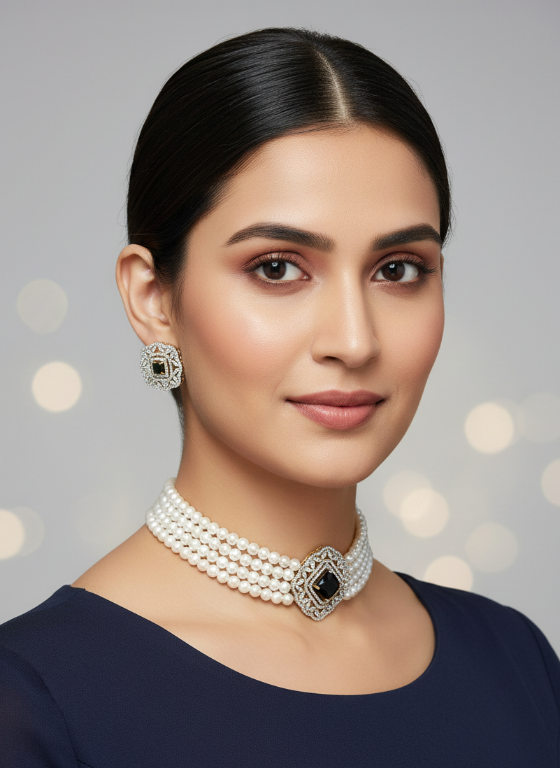 American Diamond Gold Plated Black Pearl Royale Necklace Set