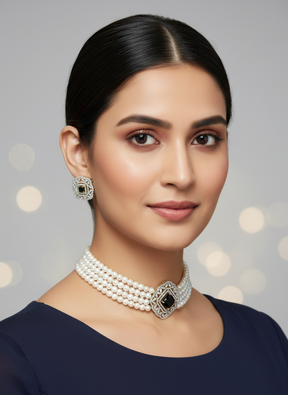 American Diamond Gold Plated Black Pearl Royale Necklace Set