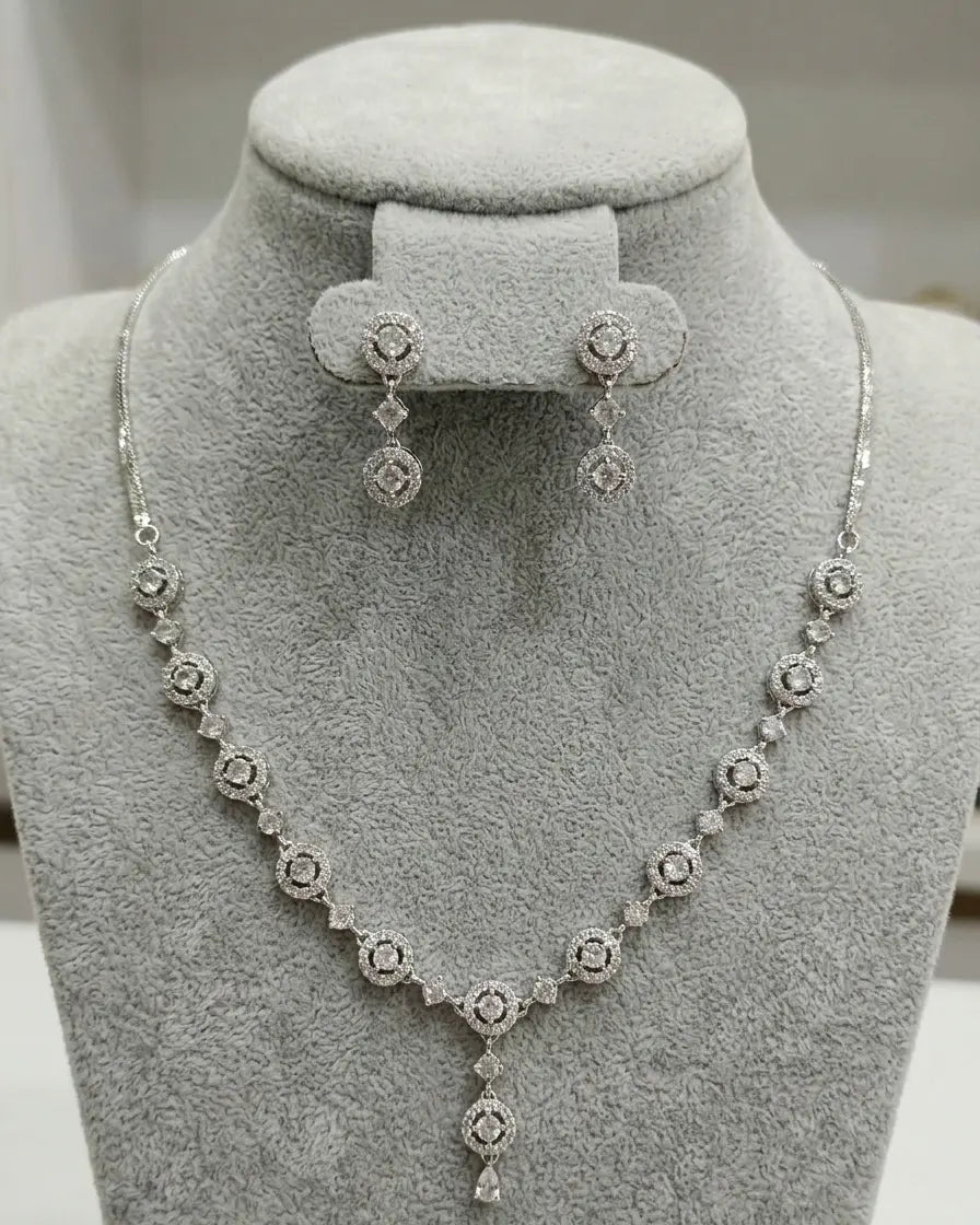 American Diamond Silver Plated Celeste Halo Drop Necklace Set Coruscate Jewels