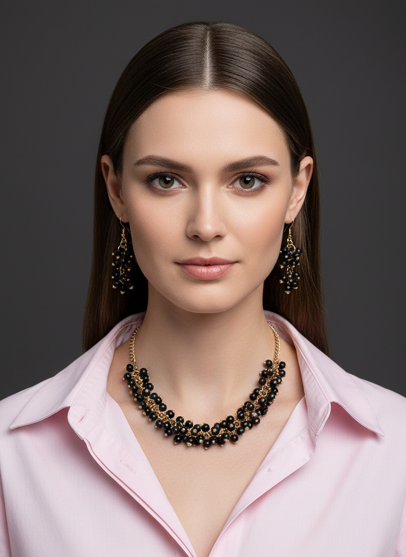 Black Beaded Gold Chain Necklace Set