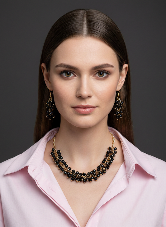 Black Beaded Gold Chain Necklace Set