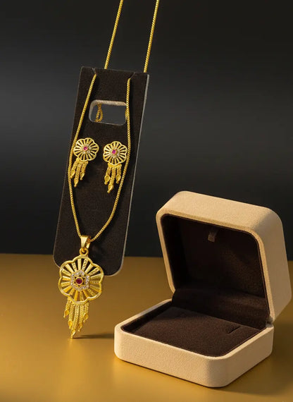 Gold-Plated Pendant Set Ruby Sunflower Cascade Coruscate Jewels