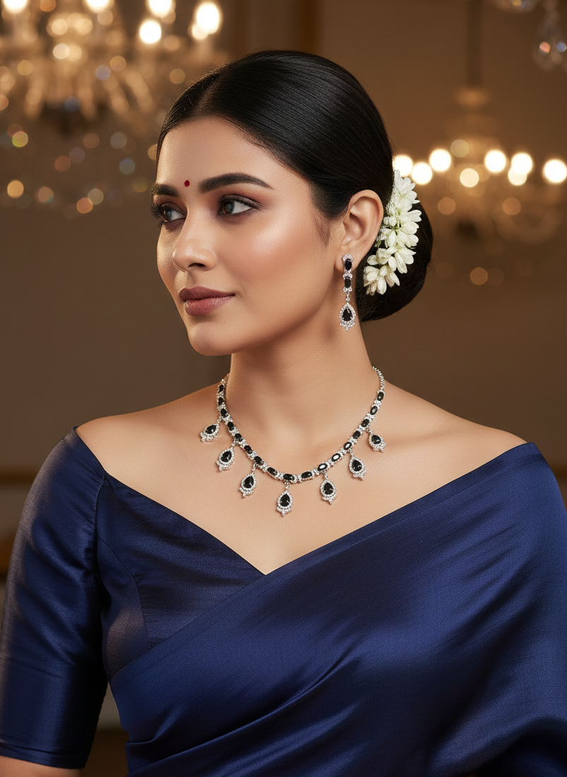 American Diamond Silver Plated Black Swan Teardrop Necklace Set