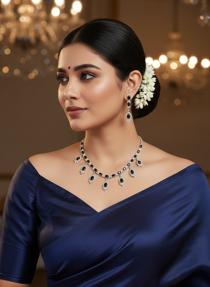 American Diamond Silver Plated Black Swan Teardrop Necklace Set