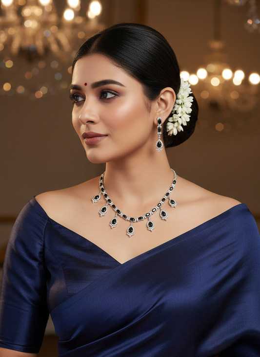 American Diamond Silver Plated Black Swan Teardrop Necklace Set