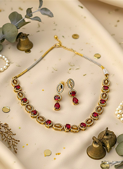 Gold-Plated American Diamond Maroon Royale Necklace Set
