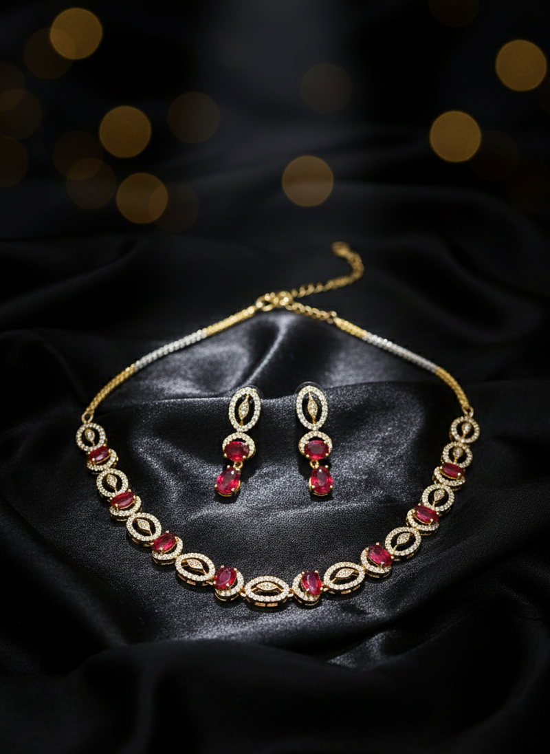 Gold-Plated American Diamond Maroon Royale Necklace Set