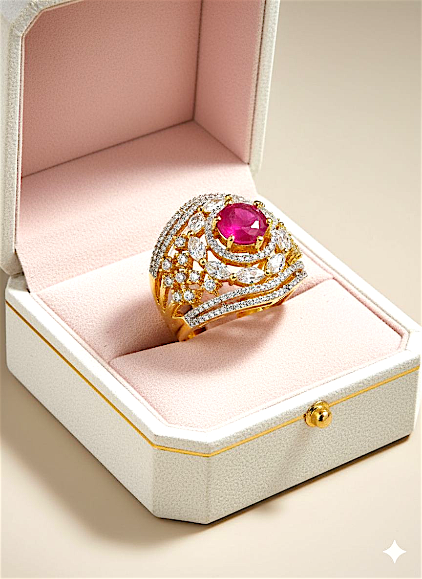 Coruscate Jewels - Adjustable Ruby Stone Statement Ring with CZ Diamonds
