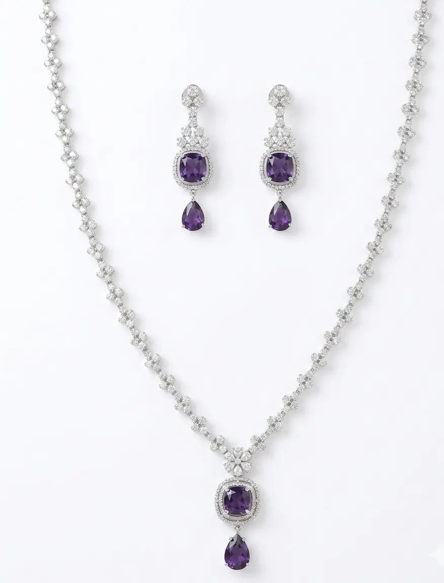 American Diamond Silver-Plated Cocentric Purple Silver Necklace Set Coruscate Jewels