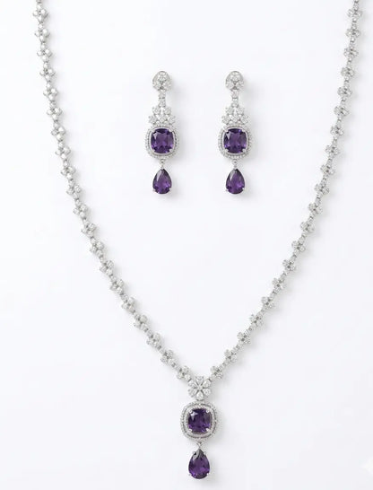 American Diamond Silver-Plated Cocentric Purple Silver Necklace Set Coruscate Jewels