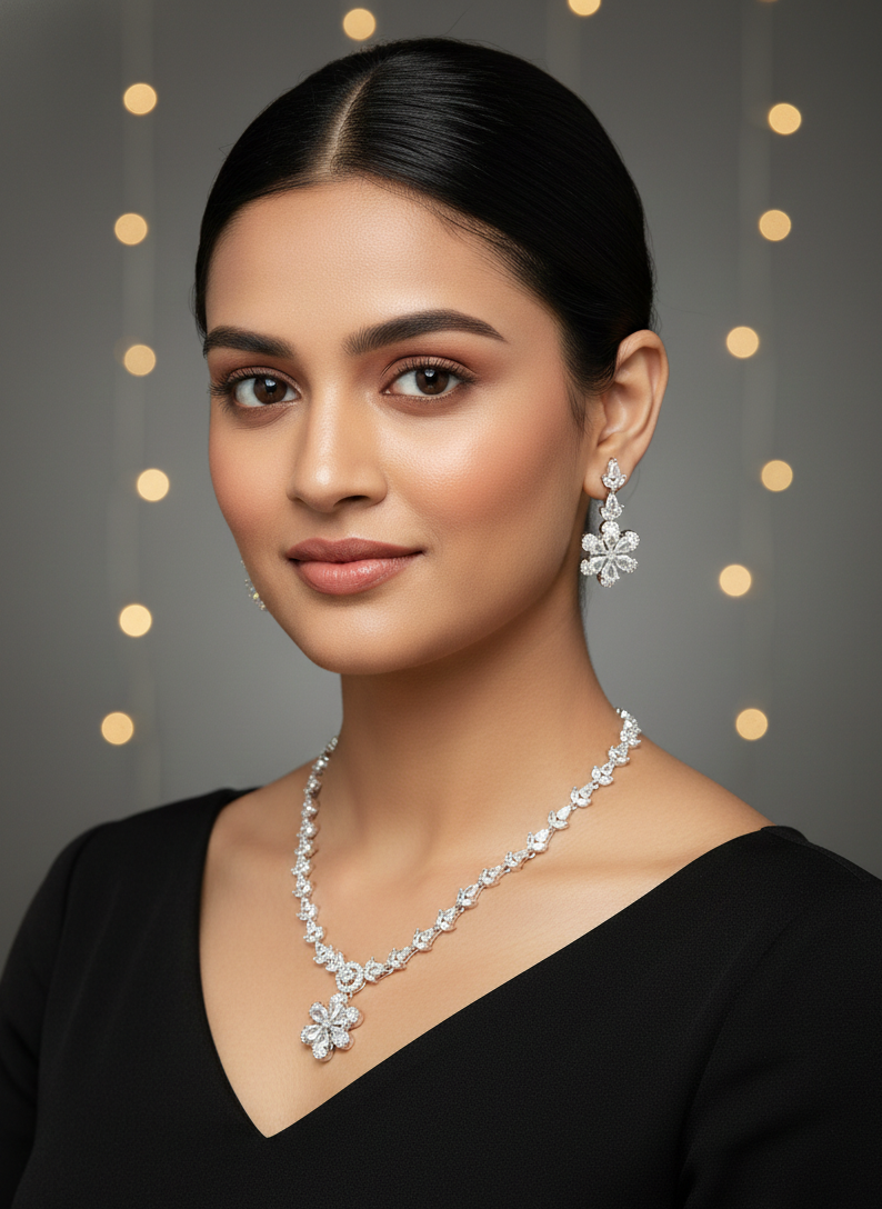 American Diamond Silver-Plated Flower Bloom Necklace Set