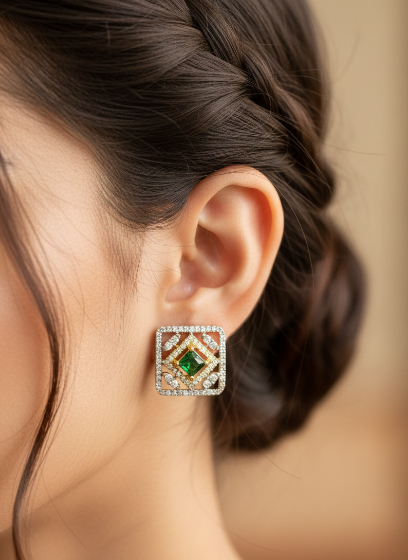 Gold-Plated American Diamond Green Stone Studded Earrings