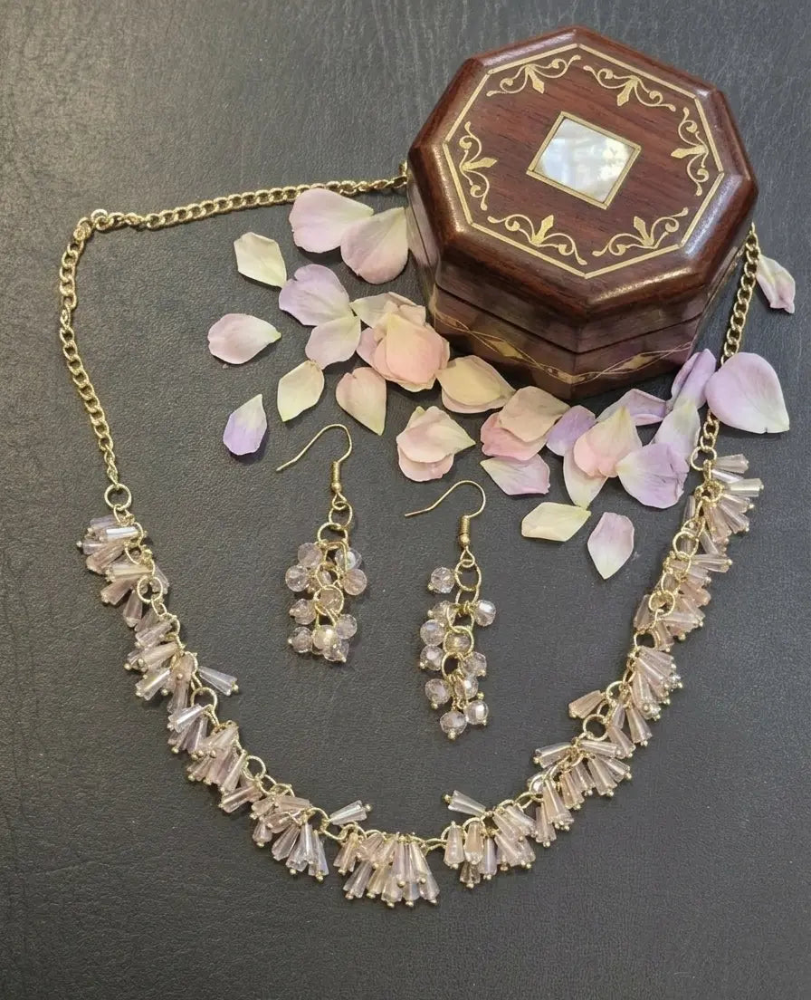 Baby Pink Beaded Gold Chain Necklace Set Coruscate Jewels