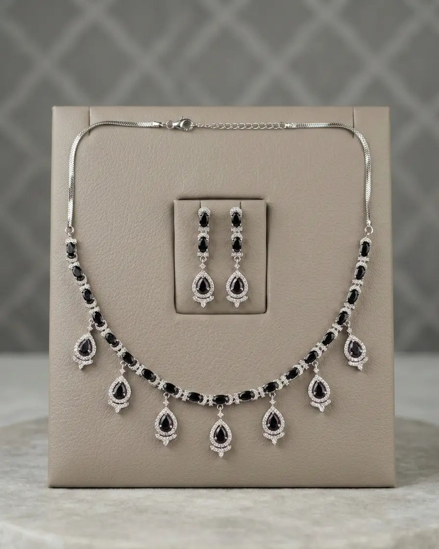 American Diamond Silver Plated Black Swan Teardrop Necklace Set Coruscate Jewels