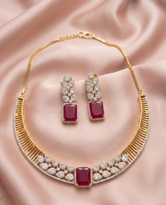 American Diamond Gold-Plated Ruby Leaf Style Necklace Set