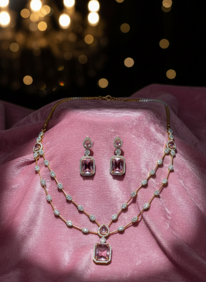 Gold Plated American Diamond Baby Pink Necklace Set Prism Aura