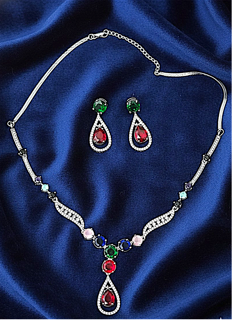 Silver-Plated American Diamond Royale Teardrop Multicolor Necklace Set