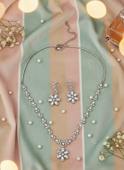 American Diamond Silver-Plated Flower Bloom Necklace Set