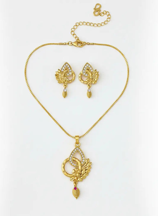 Leafy Golden Teardrop Gold-Plated Pendant Set Coruscate Jewels
