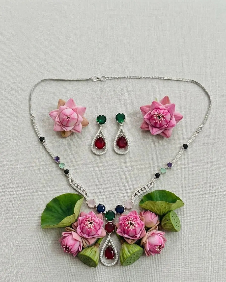 Silver-Plated American Diamond Royale Teardrop Multicolor Necklace Set Coruscate Jewels