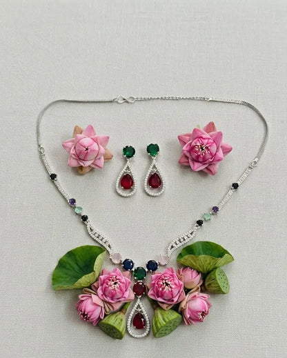 Silver-Plated American Diamond Royale Teardrop Multicolor Necklace Set Coruscate Jewels