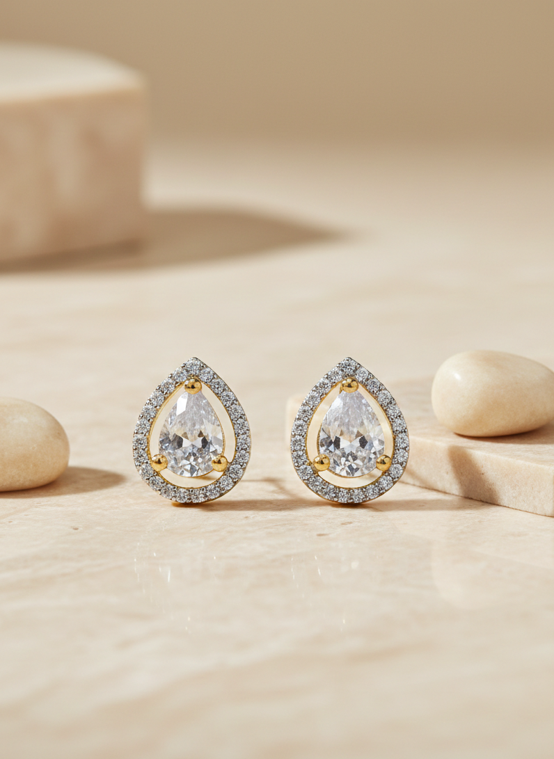 Gold Plated American Diamond Teardrop Earrings