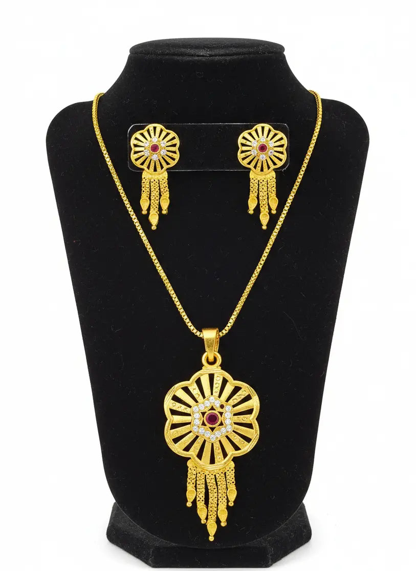 Gold-Plated Pendant Set Ruby Sunflower Cascade Coruscate Jewels