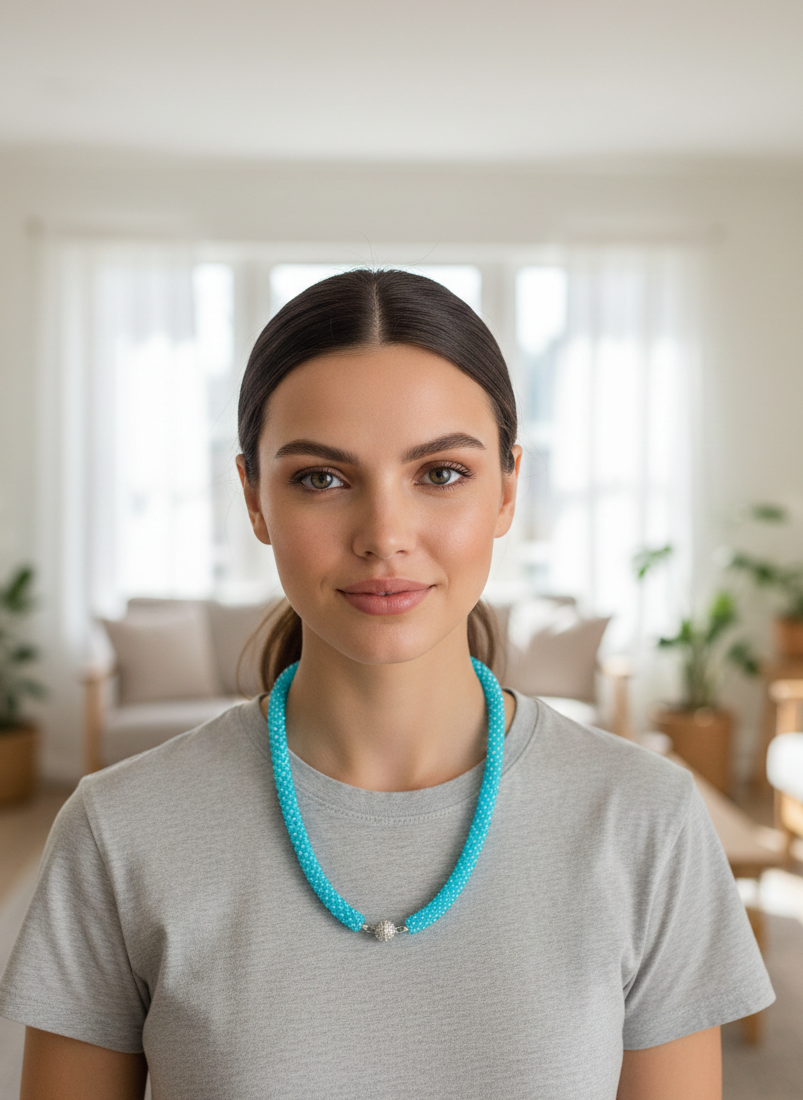 Sky-Blue Shimmer Long Beaded Necklace Set