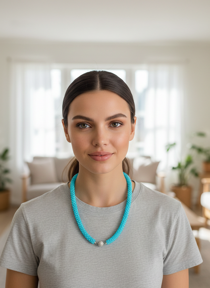 Sky-Blue Shimmer Long Beaded Necklace Set