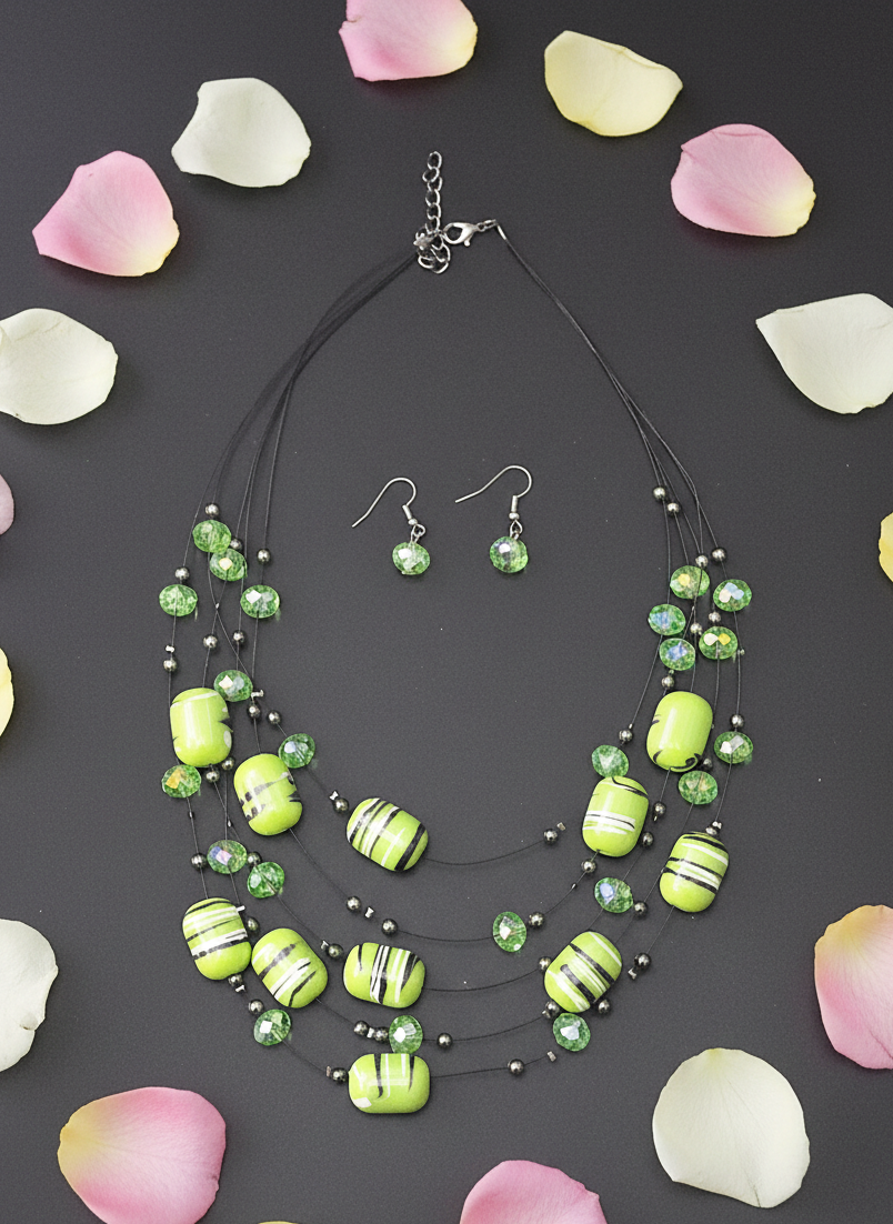 Green Striped Layered Beaded Necklace Set