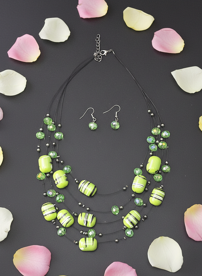 Green Striped Layered Beaded Necklace Set