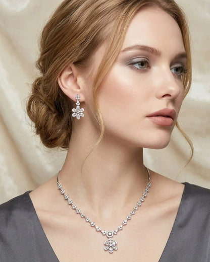 American Diamond Silver-Plated Flower Bloom Necklace Set Coruscate Jewels
