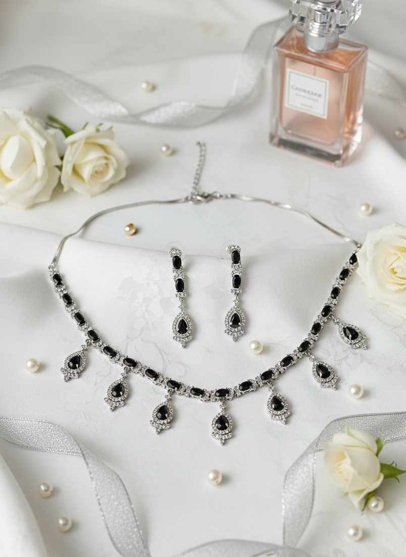 American Diamond Silver Plated Black Swan Teardrop Necklace Set