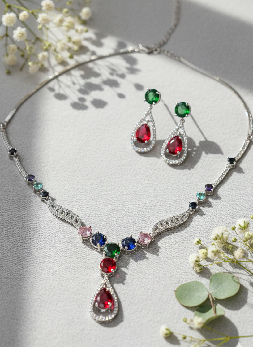 Silver-Plated American Diamond Royale Teardrop Multicolor Necklace Set