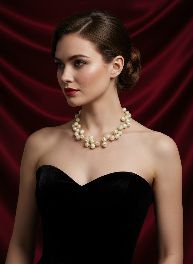 Gold Plated Beaded Thread Rose Pearl Necklace