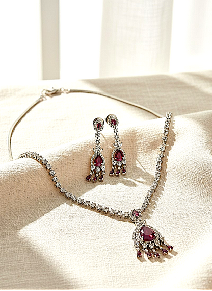 Silver Plated Necklace Set American Diamond Empress Ruby Elegance