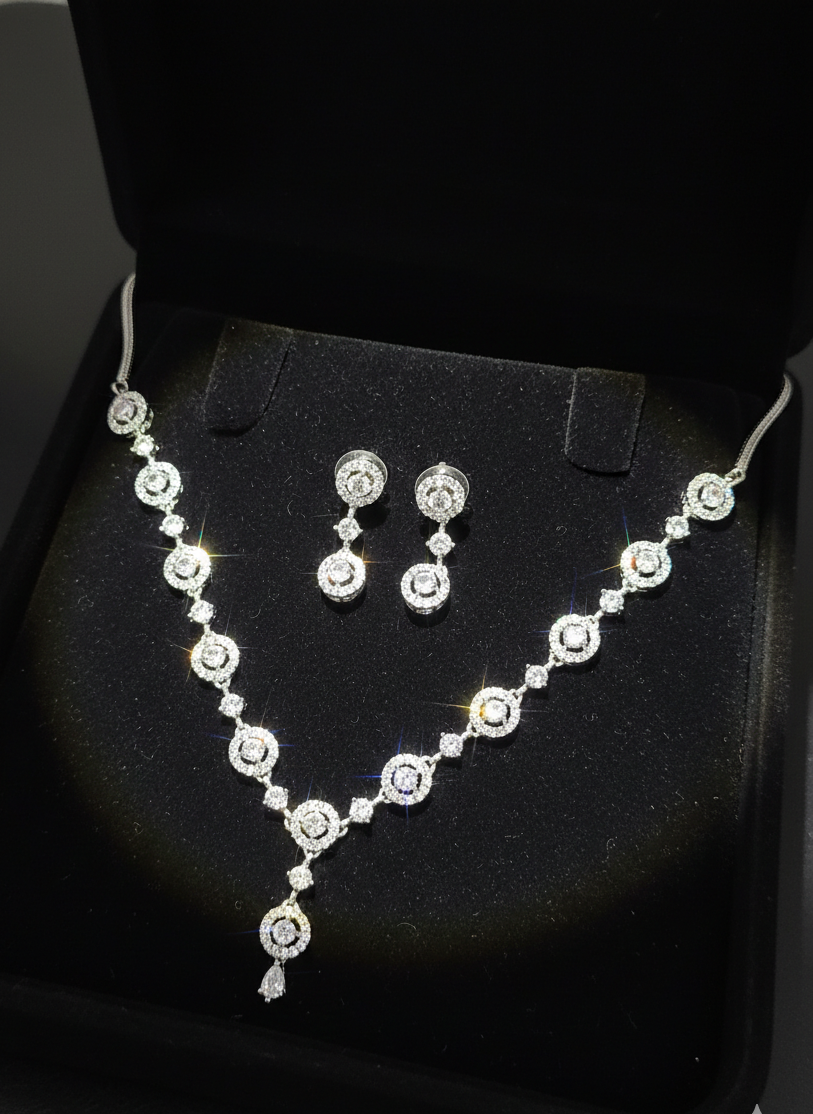 American Diamond Silver Plated Celeste Halo Drop Necklace Set