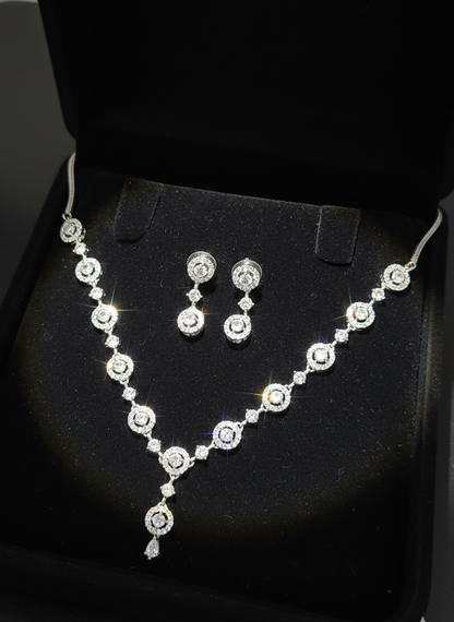 American Diamond Silver Plated Celeste Halo Drop Necklace Set
